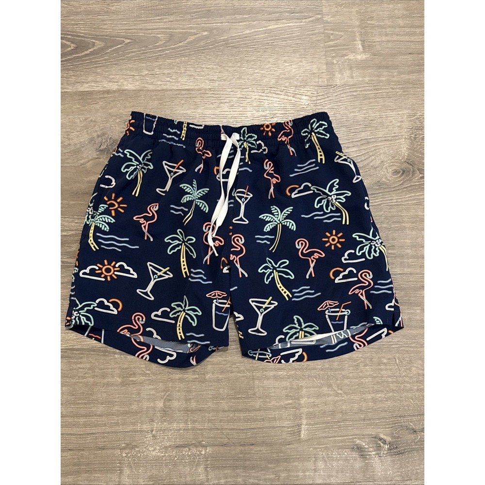 Chubbies Mens Med Trunks Swim Shorts 5.5" Inseam Neon Lights Flamingo Palm Tree